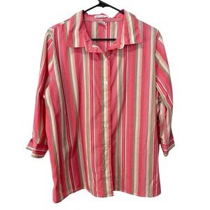 *Rebecca Malone 1X Pink/Green Striped Blouse 3/4 Sleeve Barbie Office Casual